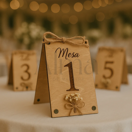 O modelo Número de Mesa Envelope apresenta um design dobrável elegante e funcional. Gravado a laser, tem um acabamento rústico com flores secas.