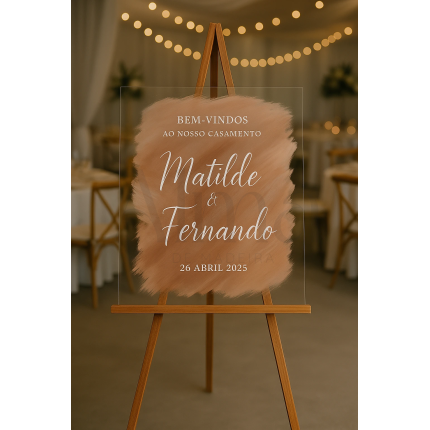 Placa Acrílico Pintada Verso com design moderno e toque romântico, perfeita para dar as boas-vindas num casamento elegante.