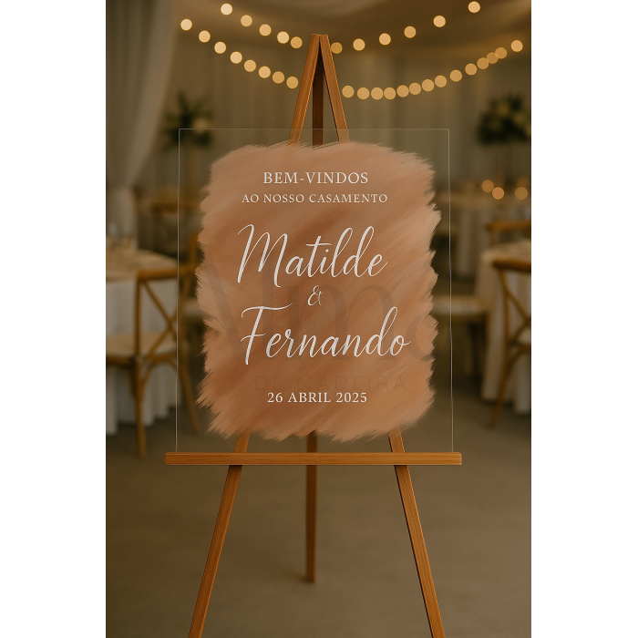 Placa Acrílico Pintada Verso com design moderno e toque romântico, perfeita para dar as boas-vindas num casamento elegante.