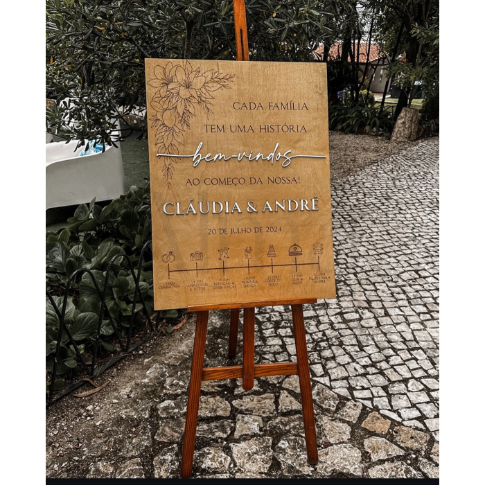 Placa com cronograma para casamentos, com horários personalizados. Organização elegante para o dia mais especial da vossa história.