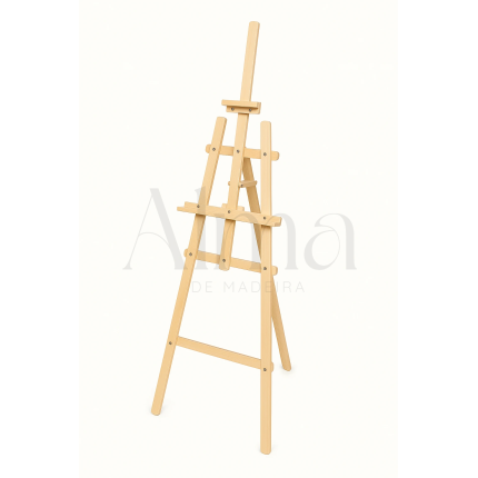 Cavalete de madeira com 150 cm robusto e elegante, com ajuste de altura e suporte firme. Ideal para painéis, telas ou sinalética em eventos e casamentos.
