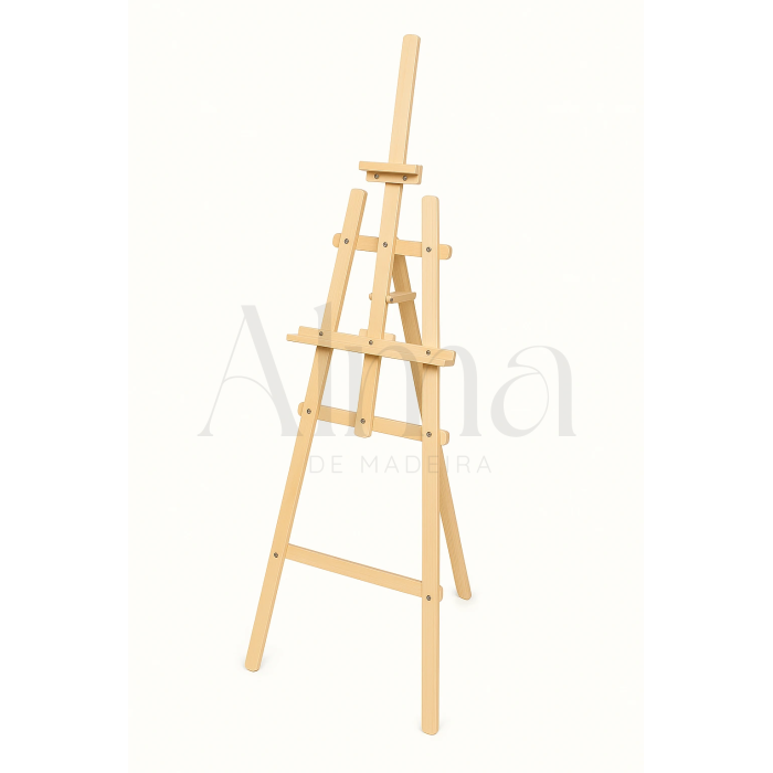 Cavalete de madeira com 150 cm robusto e elegante, com ajuste de altura e suporte firme. Ideal para painéis, telas ou sinalética em eventos e casamentos.