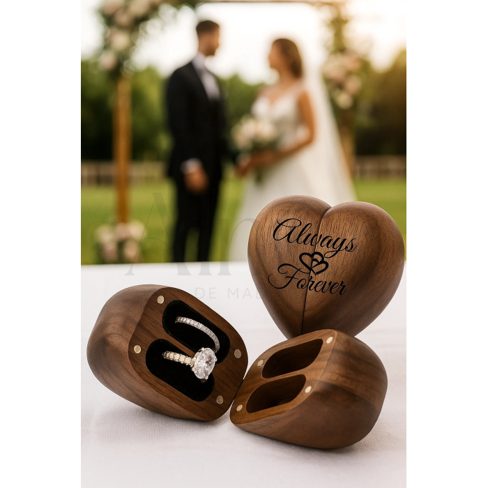 Porta alianças madeira coração com gravação. Um detalhe romântico e elegante para o dia do casamento.