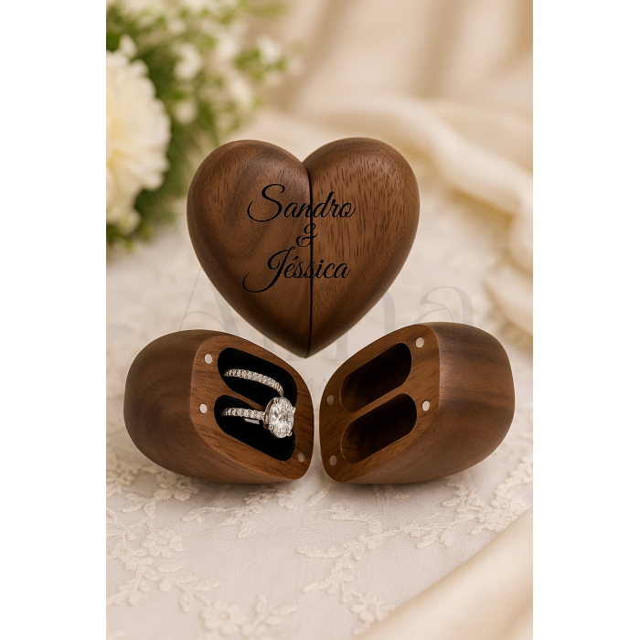 Porta alianças madeira coração com gravação. Um detalhe romântico e elegante para o dia do casamento.